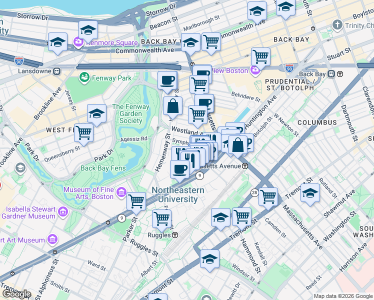 map of restaurants, bars, coffee shops, grocery stores, and more near 77 Saint Stephen Street in Boston