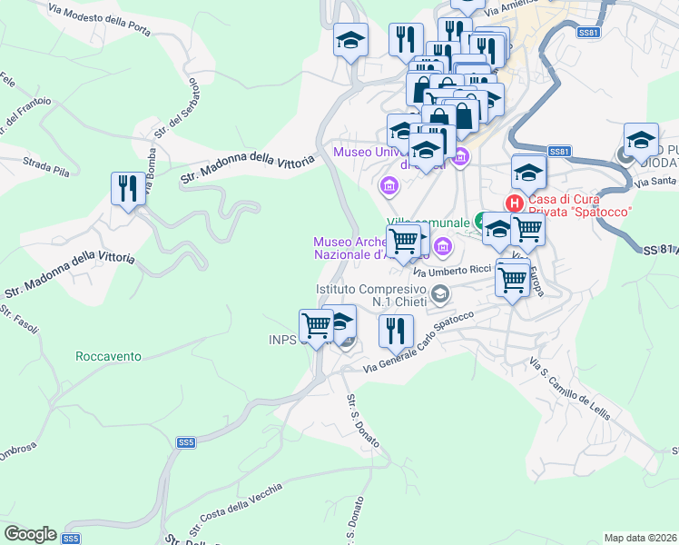 map of restaurants, bars, coffee shops, grocery stores, and more near 65 Via delle Fornaci in Chieti