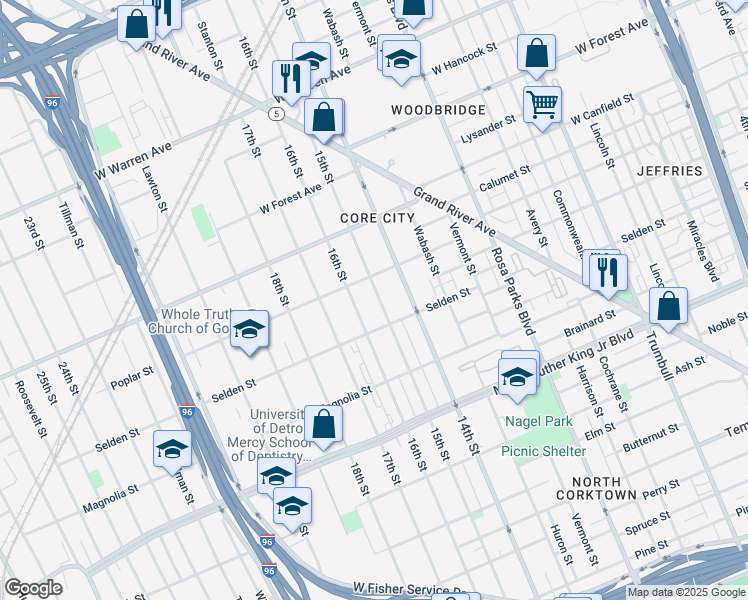 map of restaurants, bars, coffee shops, grocery stores, and more near 3942 16th Street in Detroit