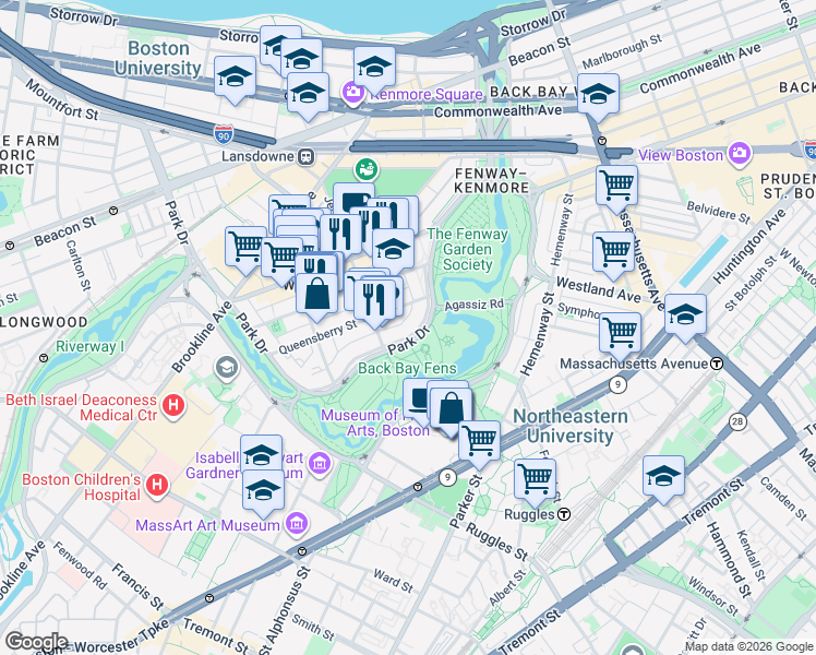 map of restaurants, bars, coffee shops, grocery stores, and more near 73 Park Drive in Boston