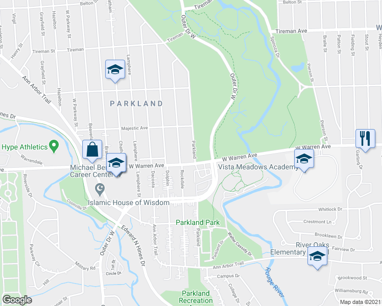 map of restaurants, bars, coffee shops, grocery stores, and more near 7241 Parkland in Redford Charter Township