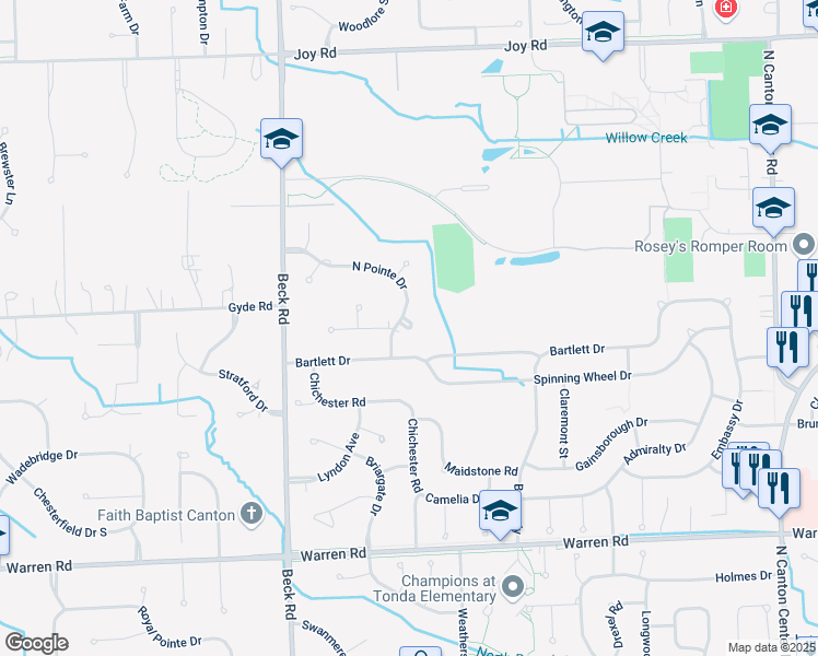 map of restaurants, bars, coffee shops, grocery stores, and more near 47046 Bartlett Drive in Canton