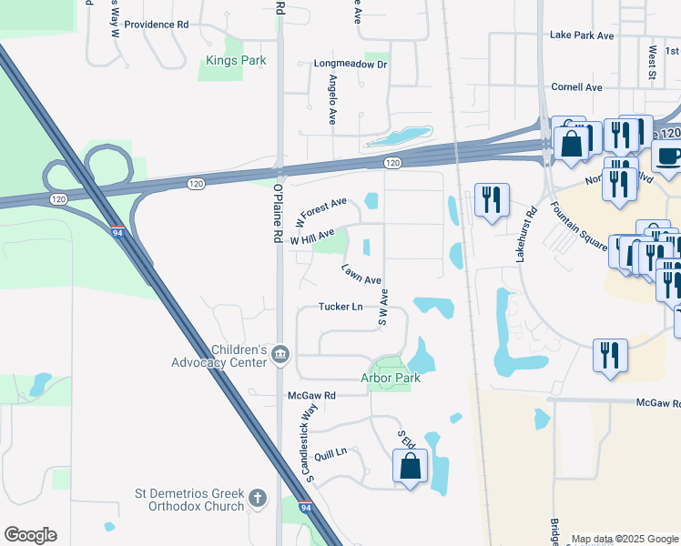 map of restaurants, bars, coffee shops, grocery stores, and more near 961 Darla Court in Waukegan
