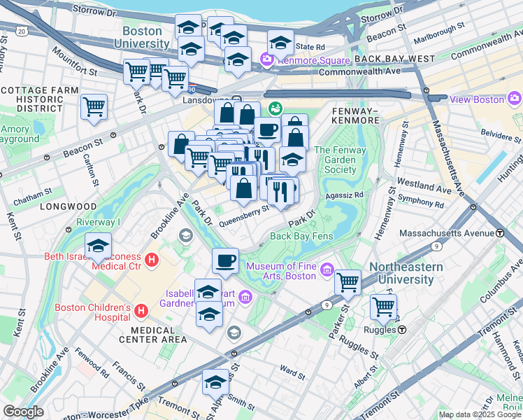 map of restaurants, bars, coffee shops, grocery stores, and more near 58 Queensberry Street in Boston