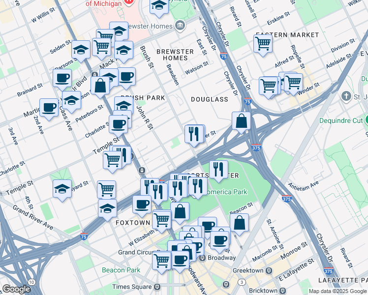 map of restaurants, bars, coffee shops, grocery stores, and more near 269 Winder Street in Detroit