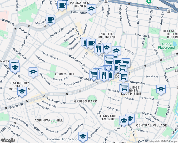 map of restaurants, bars, coffee shops, grocery stores, and more near 28 Atherton Road in Brookline