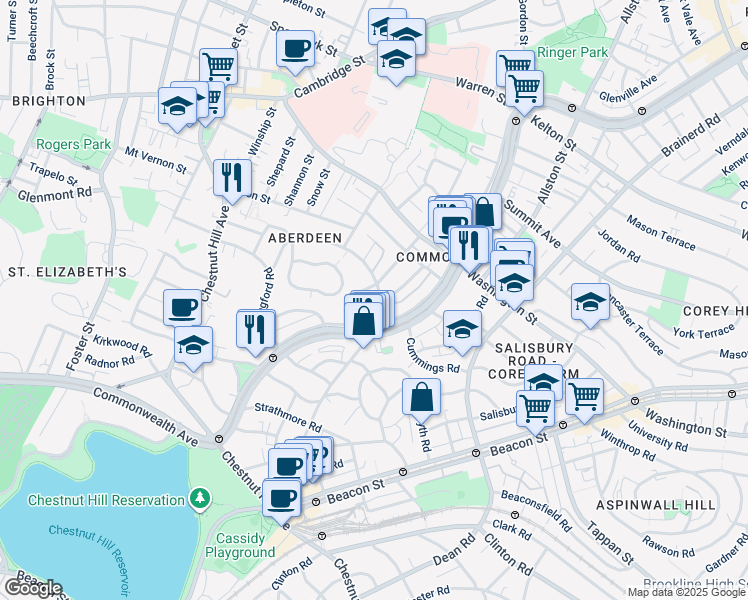 map of restaurants, bars, coffee shops, grocery stores, and more near 1691 Commonwealth Avenue in Boston