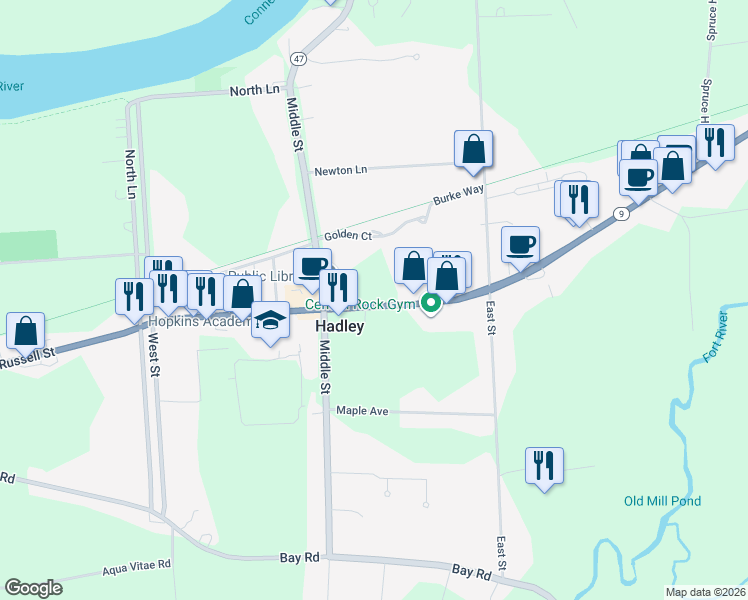 map of restaurants, bars, coffee shops, grocery stores, and more near 155 Russell Street in Hadley
