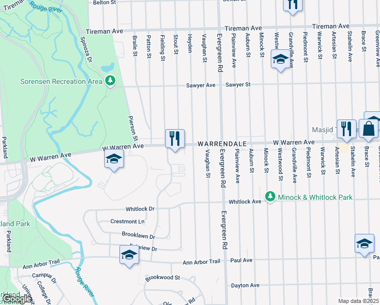 map of restaurants, bars, coffee shops, grocery stores, and more near 6917 Heyden in Dearborn Heights