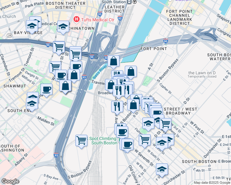 map of restaurants, bars, coffee shops, grocery stores, and more near 9 West Broadway in Boston