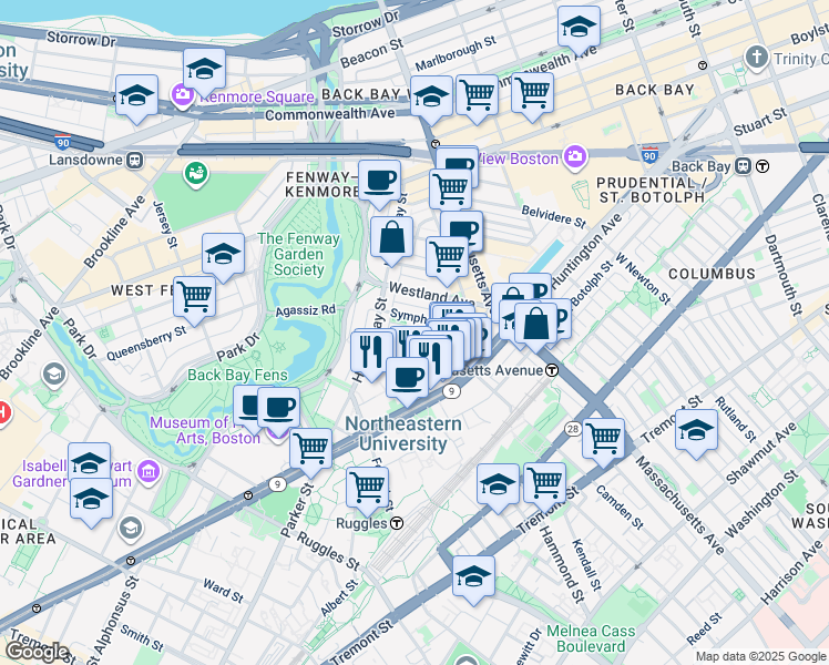 map of restaurants, bars, coffee shops, grocery stores, and more near 76 Gainsborough Street in Boston