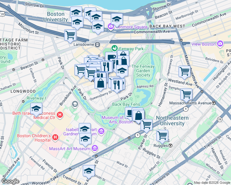map of restaurants, bars, coffee shops, grocery stores, and more near 111 Park Drive in Boston