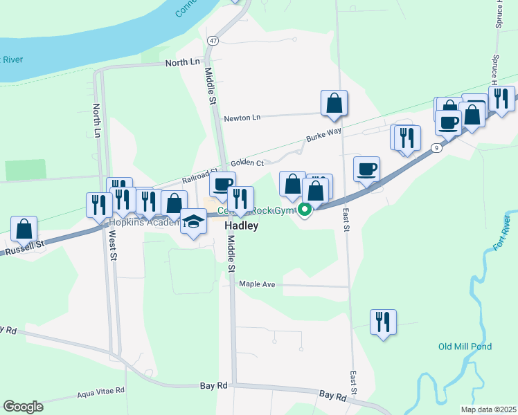 map of restaurants, bars, coffee shops, grocery stores, and more near in Hadley