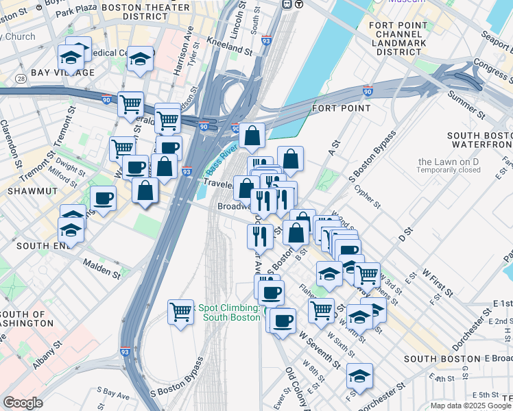 map of restaurants, bars, coffee shops, grocery stores, and more near in Boston