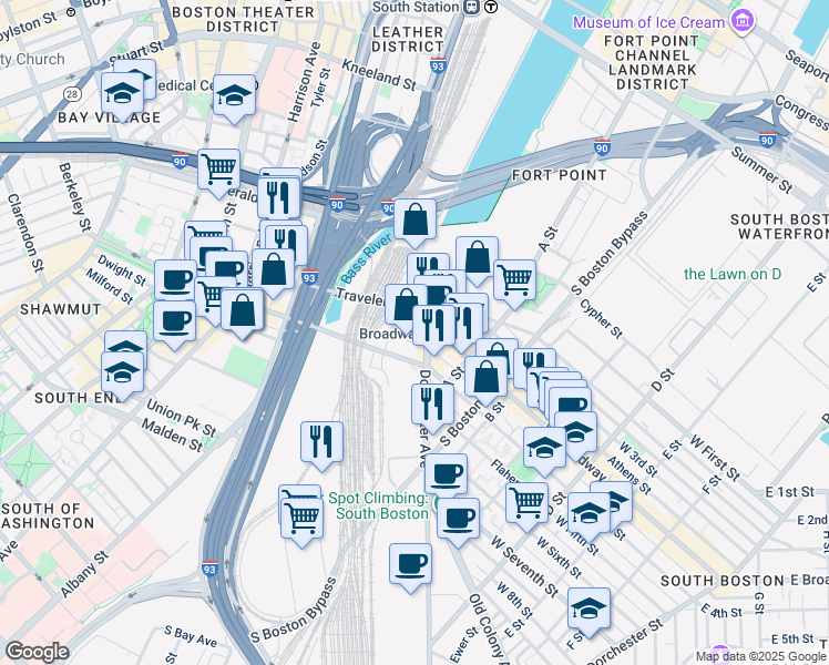 map of restaurants, bars, coffee shops, grocery stores, and more near in Boston