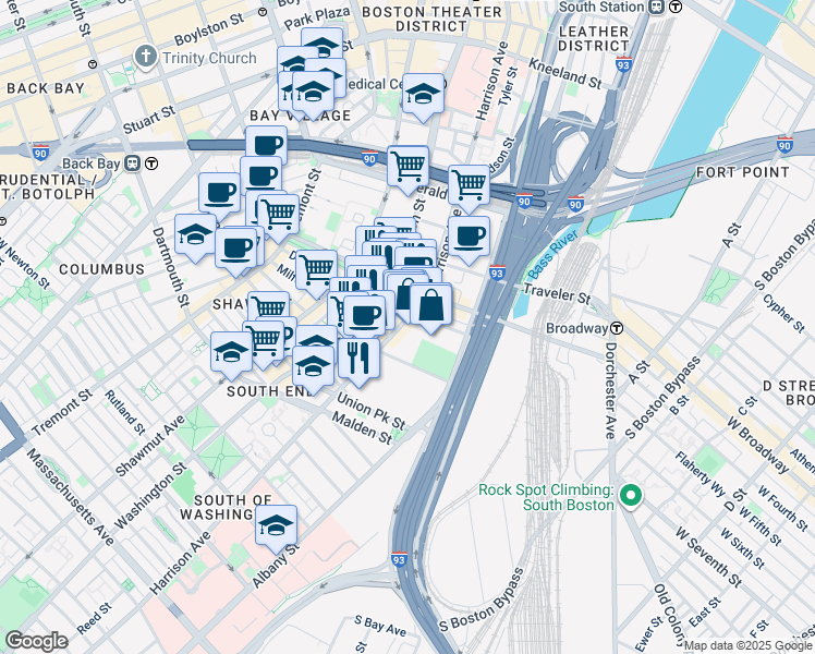 map of restaurants, bars, coffee shops, grocery stores, and more near 478-498 Harrison Avenue in Boston