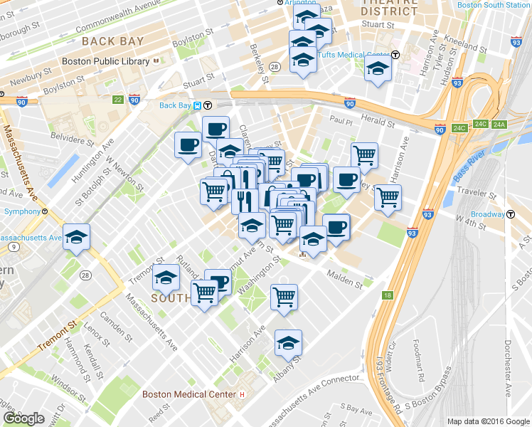 map of restaurants, bars, coffee shops, grocery stores, and more near 7 Upton Street in Boston