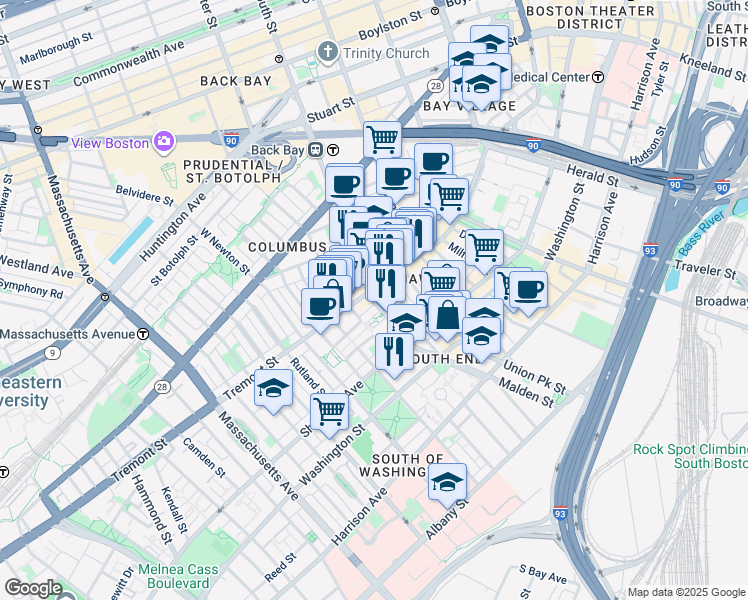 map of restaurants, bars, coffee shops, grocery stores, and more near 57 West Dedham Street in Boston