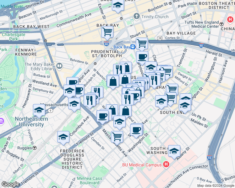 map of restaurants, bars, coffee shops, grocery stores, and more near 136 West Newton Street in Boston