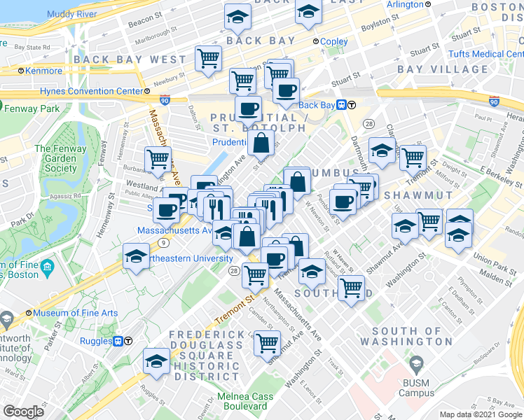 map of restaurants, bars, coffee shops, grocery stores, and more near 525 A Columbus Avenue in Boston