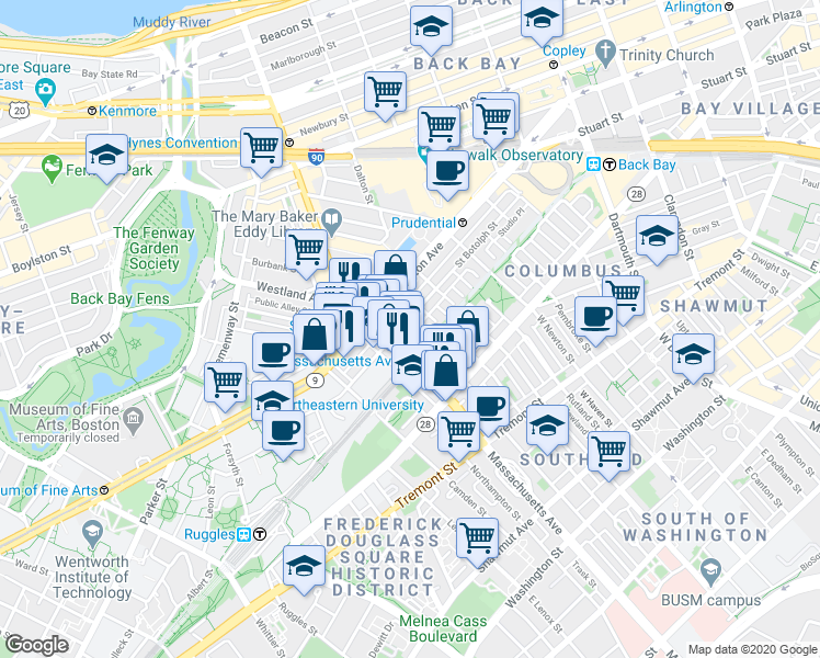 map of restaurants, bars, coffee shops, grocery stores, and more near 352 Massachusetts Avenue in Boston