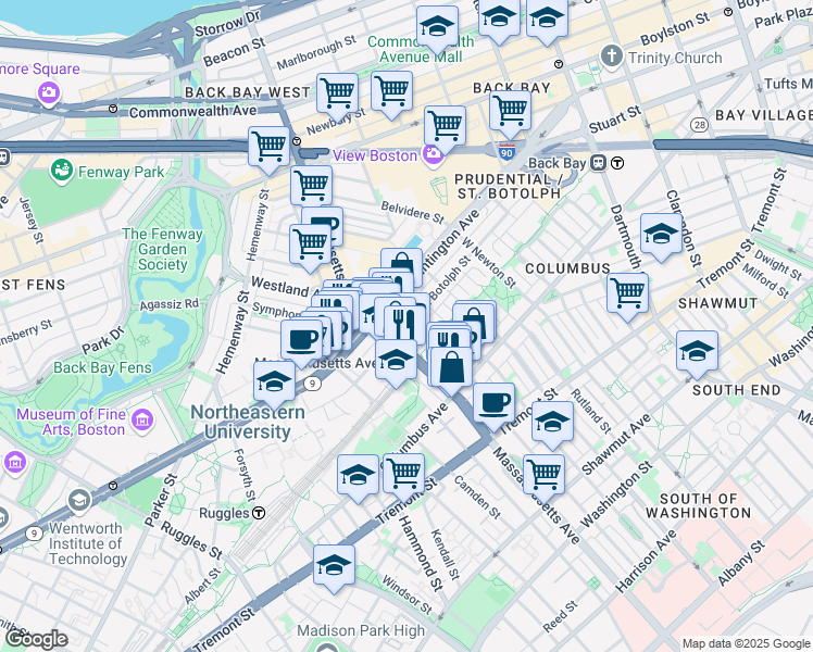 map of restaurants, bars, coffee shops, grocery stores, and more near 352 Massachusetts Avenue in Boston