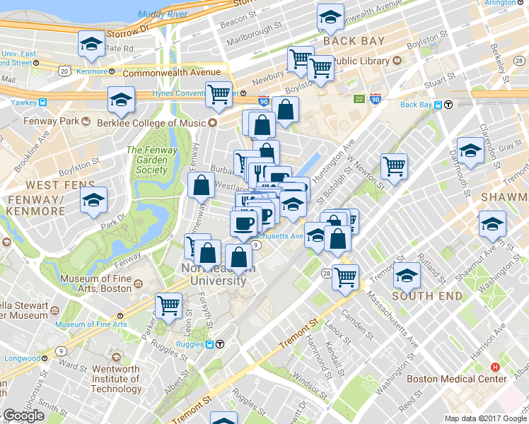 map of restaurants, bars, coffee shops, grocery stores, and more near 52 Gainsborough Street in Boston