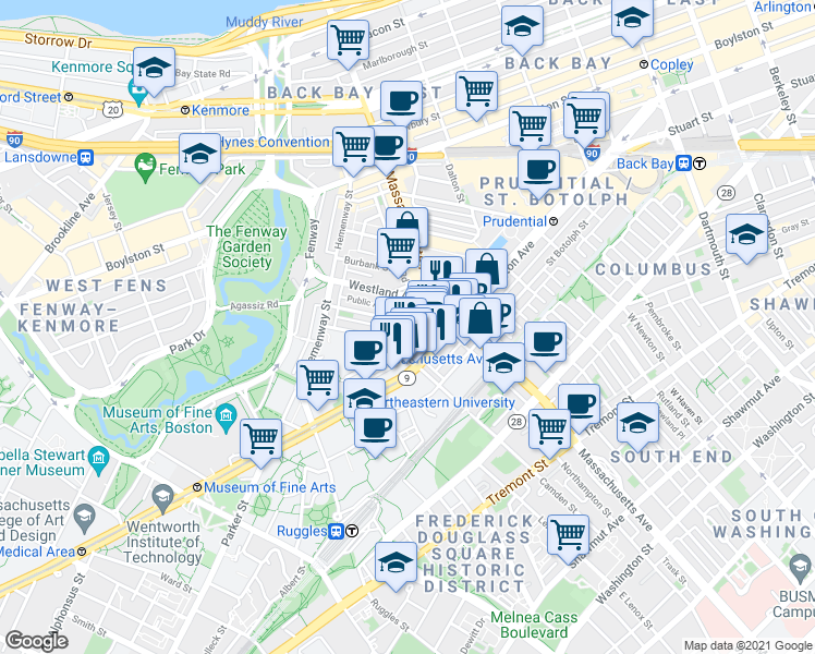map of restaurants, bars, coffee shops, grocery stores, and more near in Boston