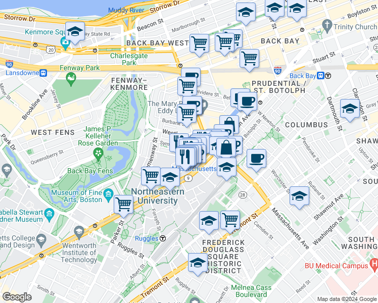 map of restaurants, bars, coffee shops, grocery stores, and more near 52 Gainsborough Street in Boston