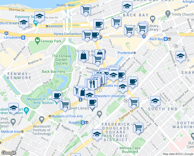 map of restaurants, bars, coffee shops, grocery stores, and more near 77 Saint Stephen Street in Boston