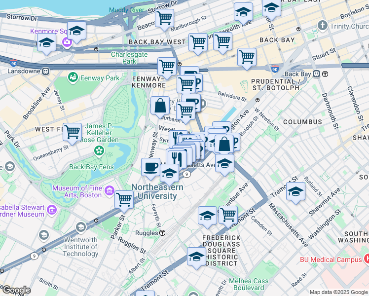 map of restaurants, bars, coffee shops, grocery stores, and more near 77 Saint Stephen Street in Boston