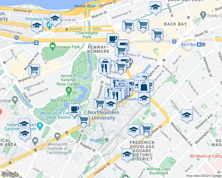 map of restaurants, bars, coffee shops, grocery stores, and more near 76 Gainsborough Street in Boston