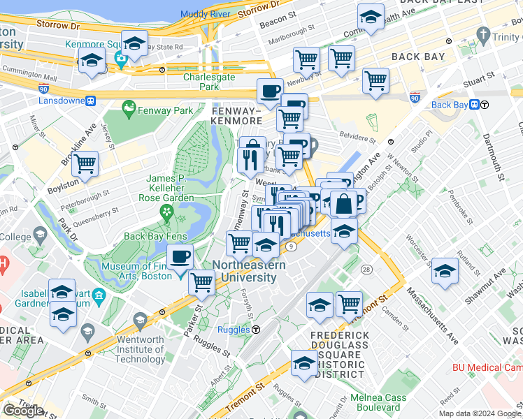 map of restaurants, bars, coffee shops, grocery stores, and more near 76 Gainsborough Street in Boston