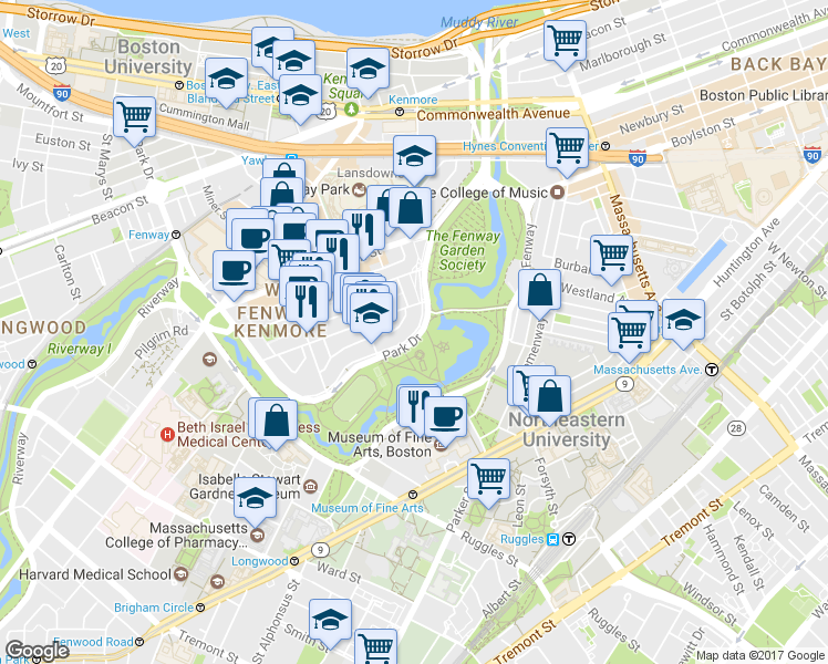 map of restaurants, bars, coffee shops, grocery stores, and more near 65 Park Drive in Boston