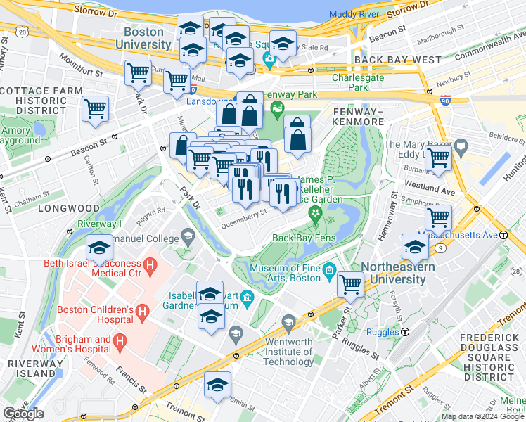map of restaurants, bars, coffee shops, grocery stores, and more near 58 Queensberry Street in Boston