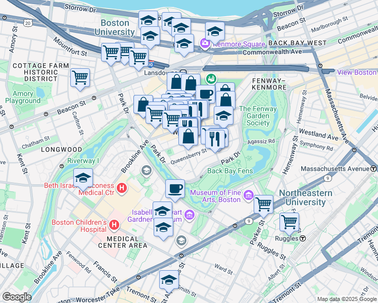 map of restaurants, bars, coffee shops, grocery stores, and more near 58 Queensberry Street in Boston
