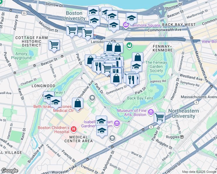 map of restaurants, bars, coffee shops, grocery stores, and more near 105 Queensberry Street in Boston