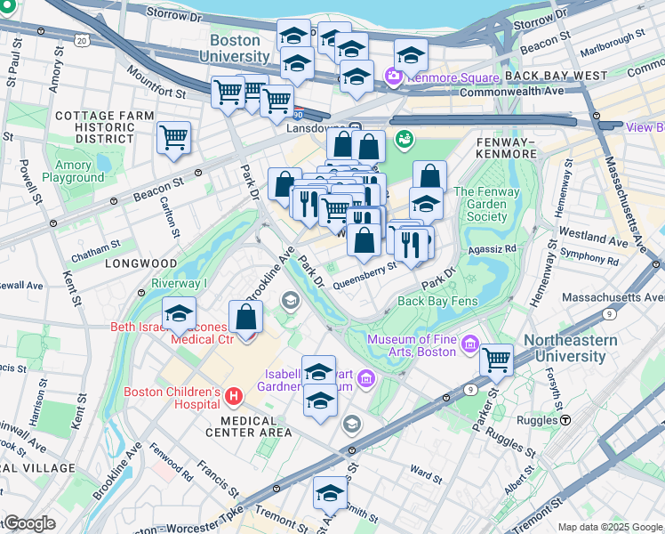 map of restaurants, bars, coffee shops, grocery stores, and more near 105 Queensberry Street in Boston