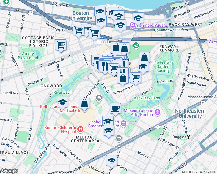 map of restaurants, bars, coffee shops, grocery stores, and more near 231 Park Drive in Boston