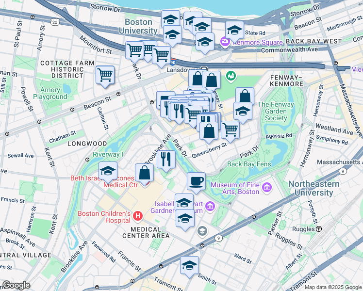 map of restaurants, bars, coffee shops, grocery stores, and more near 231 Park Drive in Boston