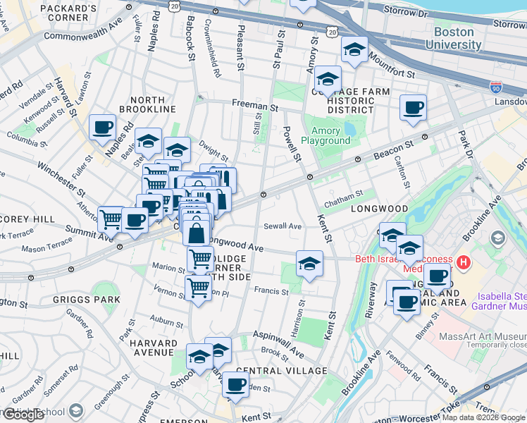 map of restaurants, bars, coffee shops, grocery stores, and more near 102 Sewall Avenue in Brookline