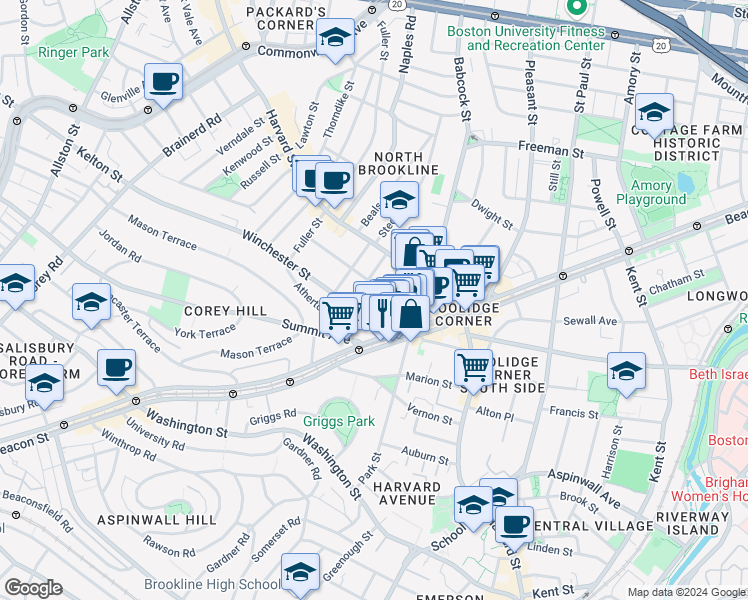 map of restaurants, bars, coffee shops, grocery stores, and more near 24 Winchester Street in Brookline