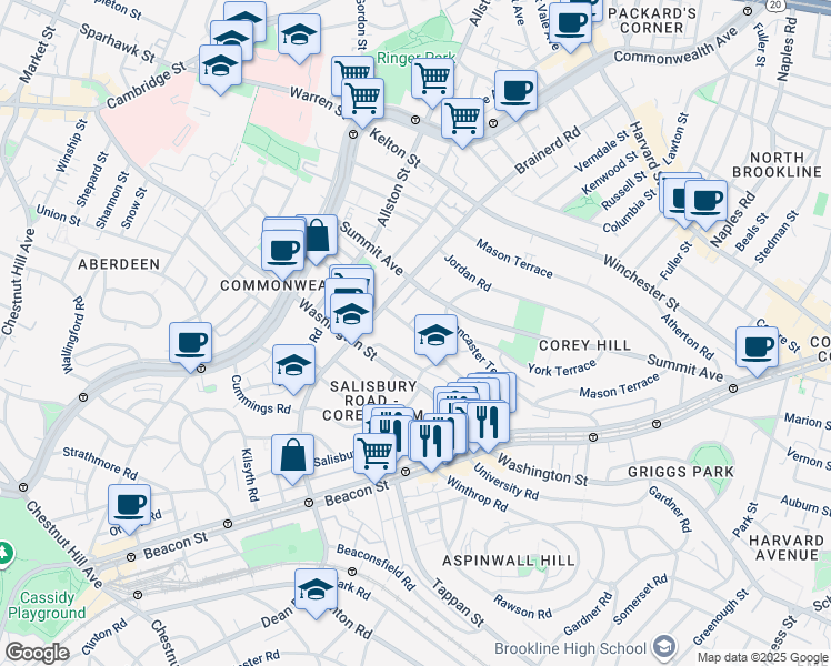 map of restaurants, bars, coffee shops, grocery stores, and more near 94 Westbourne Terrace in Brookline