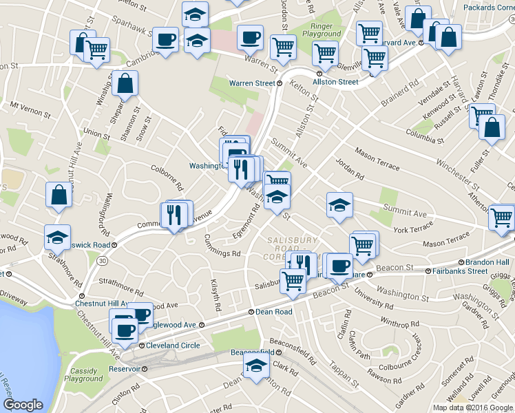 map of restaurants, bars, coffee shops, grocery stores, and more near 90 Egremont Road in Boston