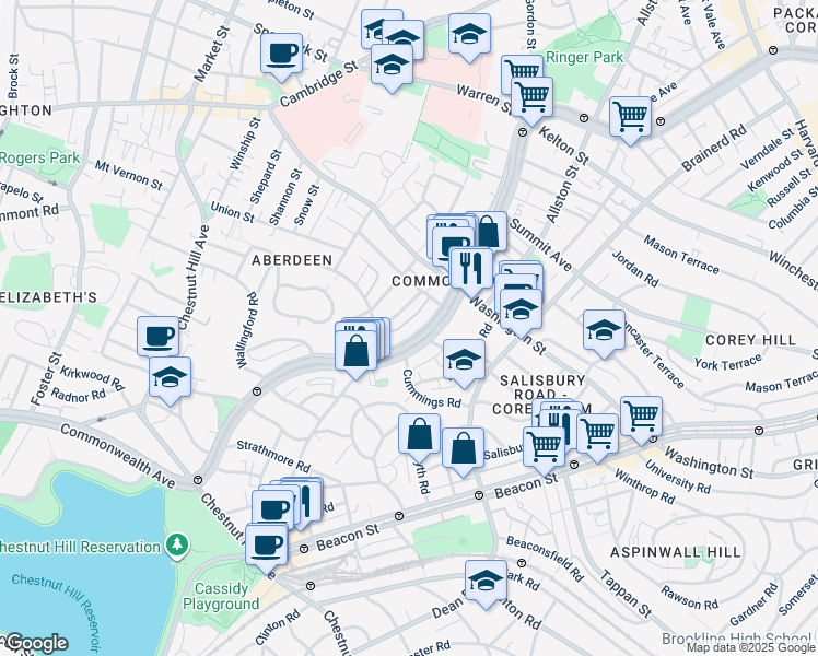 map of restaurants, bars, coffee shops, grocery stores, and more near 1665 Commonwealth Avenue in Boston