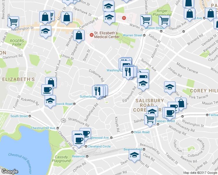 map of restaurants, bars, coffee shops, grocery stores, and more near 1665 Commonwealth Avenue in Boston