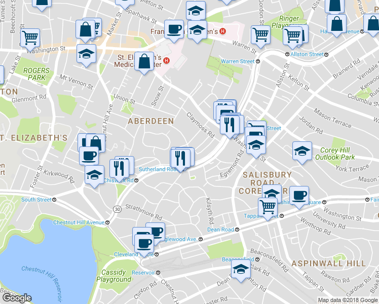 map of restaurants, bars, coffee shops, grocery stores, and more near 1691 Commonwealth Avenue in Boston
