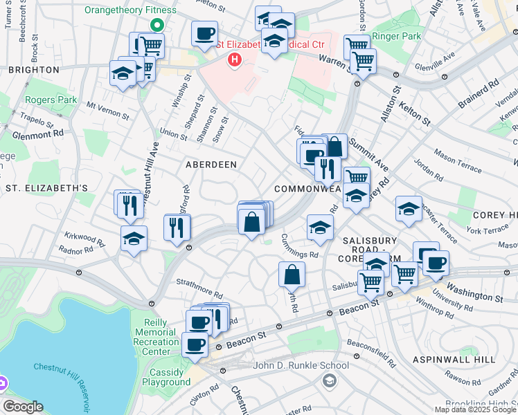 map of restaurants, bars, coffee shops, grocery stores, and more near 1691 Commonwealth Avenue in Boston