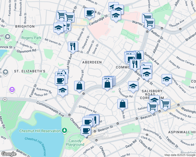 map of restaurants, bars, coffee shops, grocery stores, and more near 1713-1715 Commonwealth Avenue in Boston