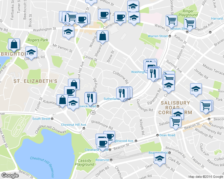 map of restaurants, bars, coffee shops, grocery stores, and more near 1713-1715 Commonwealth Avenue in Boston